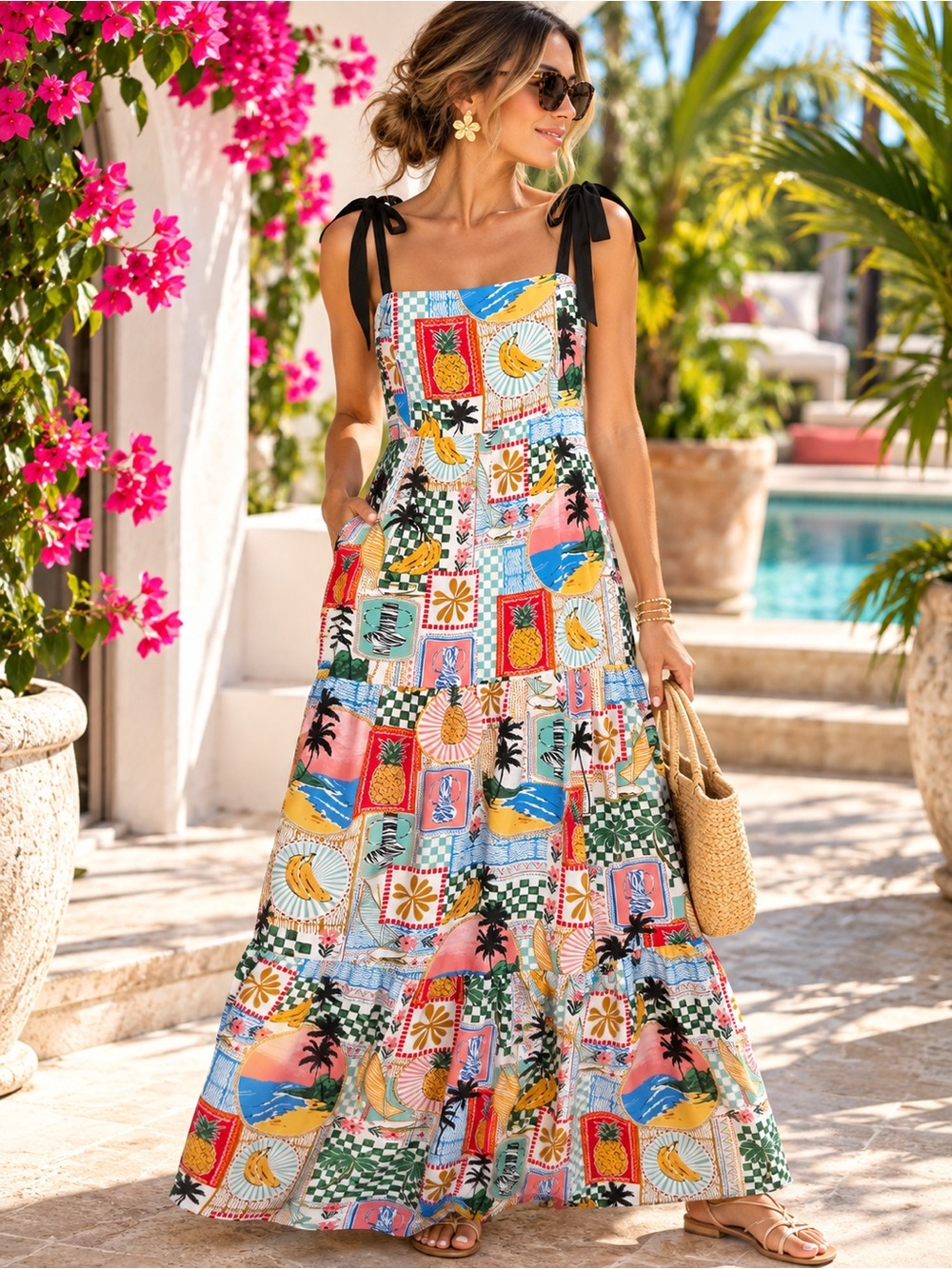 Skies Are Blue Tropical Patchwork Tiered Maxi Dress M Resort Boho old money #632